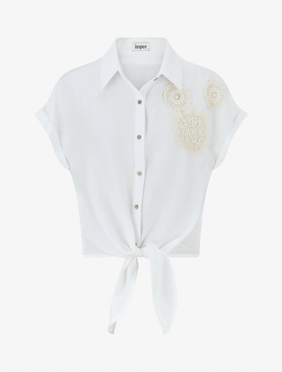 Chemise manches courtes à empiècements en crochet et noeud - Blanc - 1
