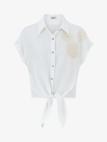 Chemise manches courtes à empiècements en crochet et noeud - Blanc - 1