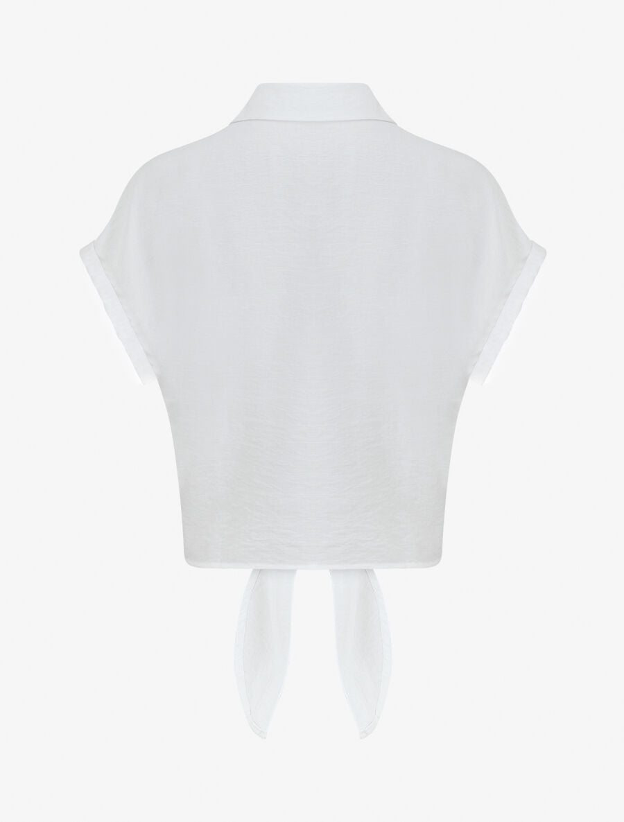Chemise manches courtes à empiècements en crochet et noeud - Blanc - 2