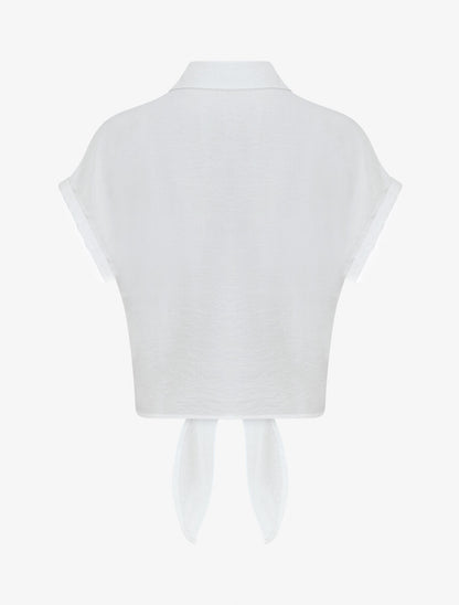 Chemise manches courtes à empiècements en crochet et noeud - Blanc - 2