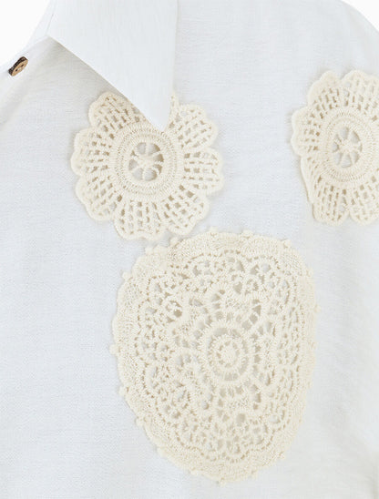 Chemise manches courtes à empiècements en crochet et noeud - Blanc - 3