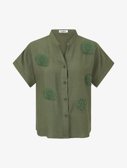 Chemise manches courtes à empiècements en crochet - Kaki - 4