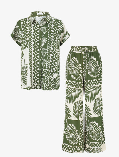 Ensemble chemise et pantalon imprimé tropical - Kaki - 2