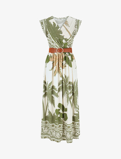 Robe longue à imprimé tropical et mosaïque - Kaki - 1