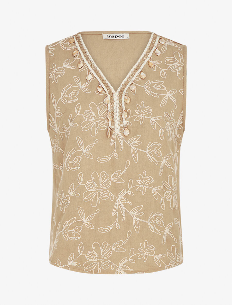 Top brodé sans manches col V à grelots - Beige - 1