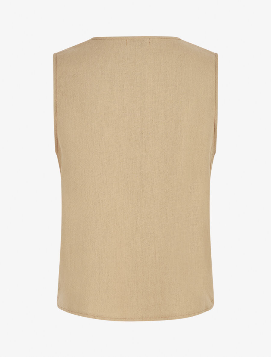 Top brodé sans manches col V à grelots - Beige - 2