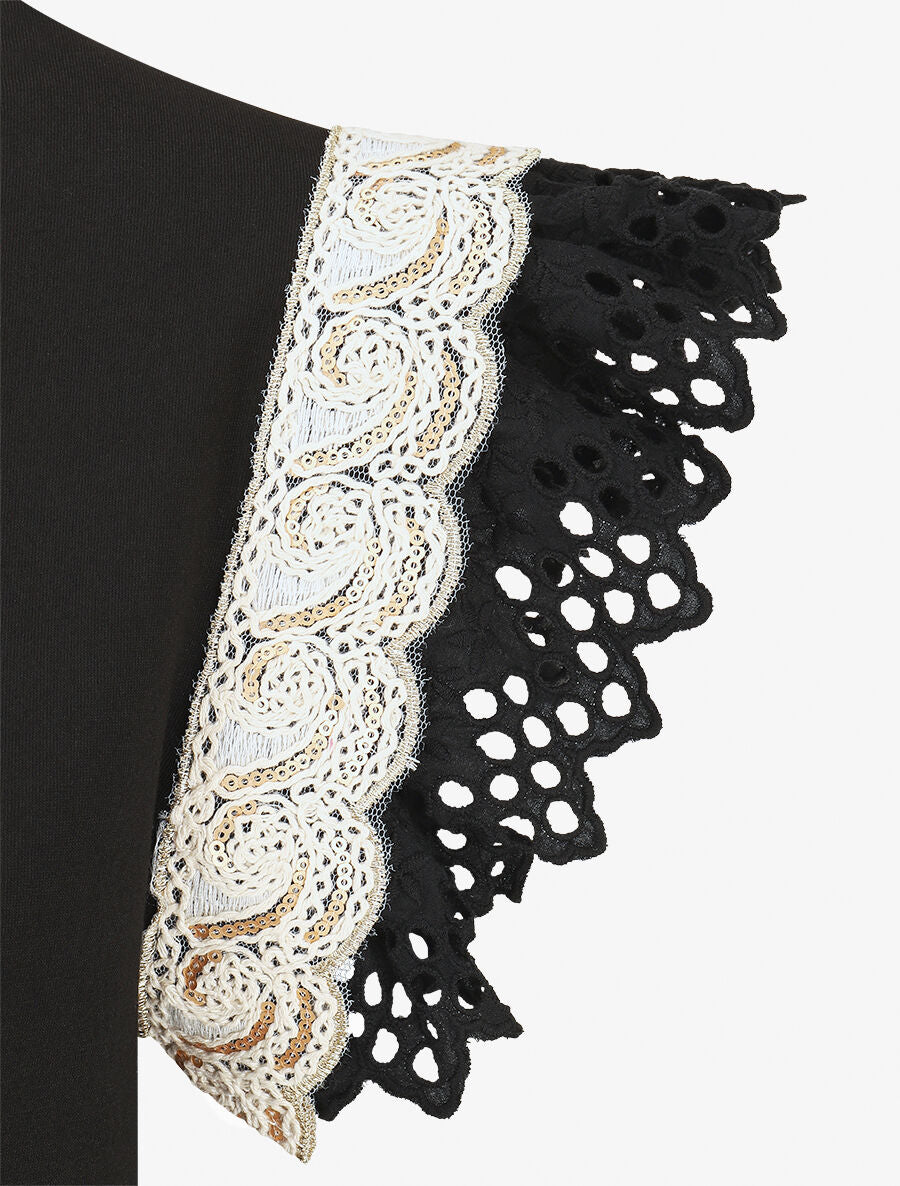Top en coton à mancherons en dentelle - Noir - 3