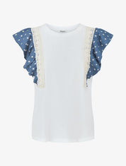 Top en coton à mancherons volantés à fleurs - Blanc/bleu - 4