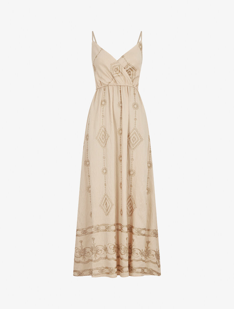 Robe longue à fines bretelles et broderies irisées - Beige - 1