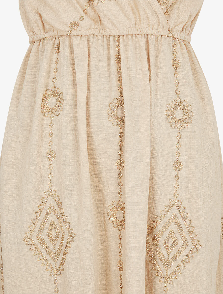 Robe longue à fines bretelles et broderies irisées - Beige - 3