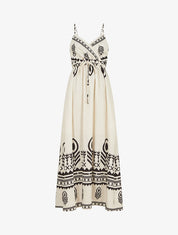 Robe longue à fines bretelles imprimé ethnique - Écru - 1