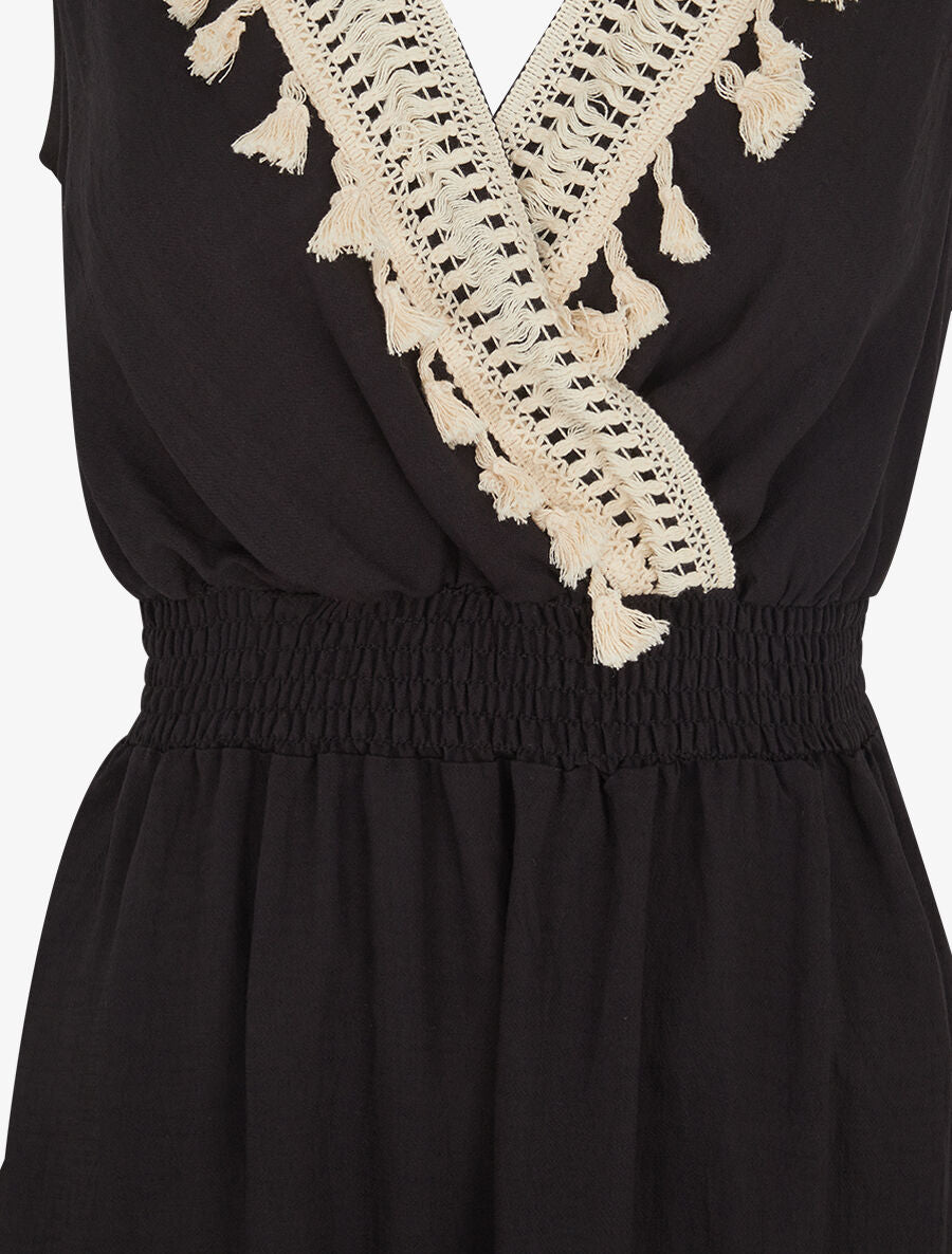 Robe longue sans manches unie col à pompons - Noir - 3