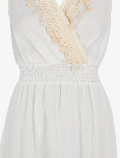 Robe longue sans manches unie col à pompons - Blanc - 3