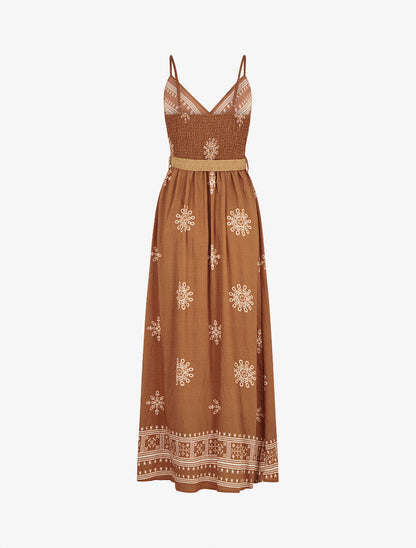 Robe longue à fines bretelles à motif fantaisie - Camel - 2