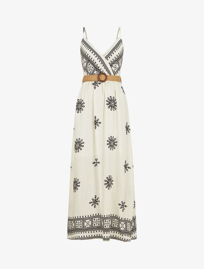 Robe longue à fines bretelles à motif fantaisie - Blanc - 1