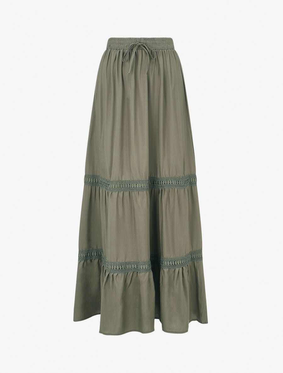 Jupe longue unie à bandes brodées - Kaki - 1