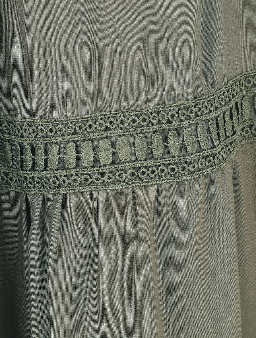 Jupe longue unie à bandes brodées - Kaki - 3