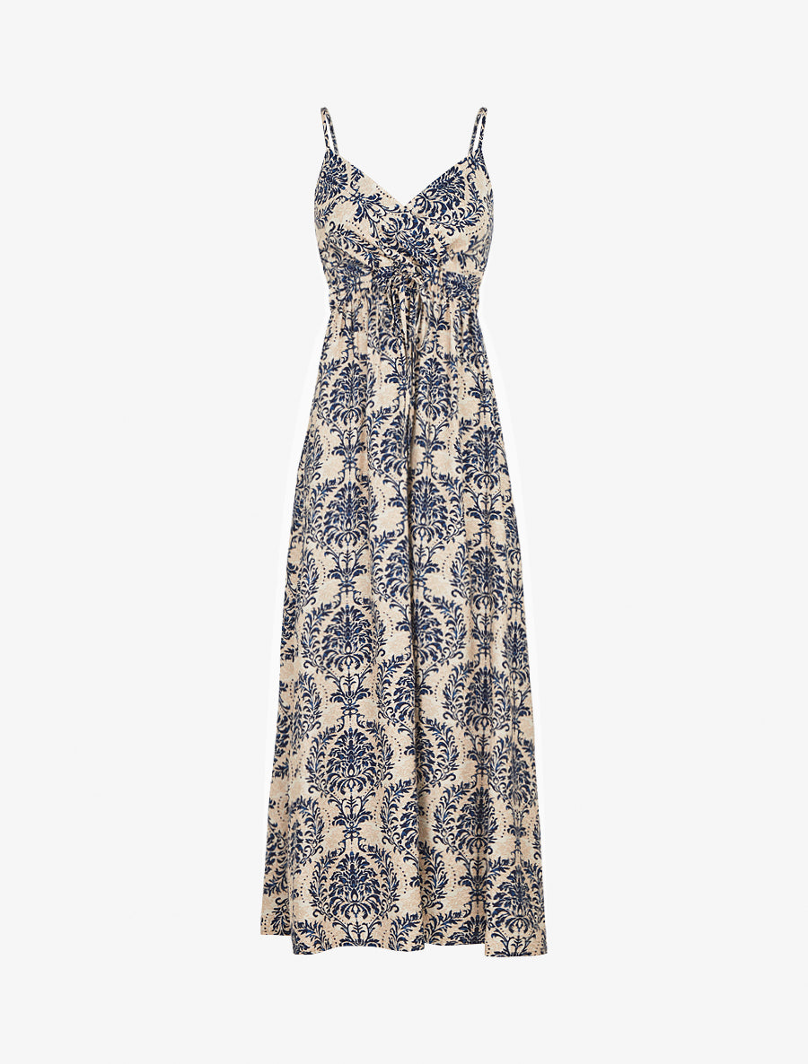 Robe longue à fines bretelles imprimé floral arabesque - Marine - 1
