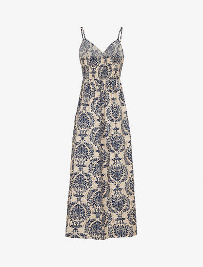 Robe longue à fines bretelles imprimé floral arabesque - Marine - 2