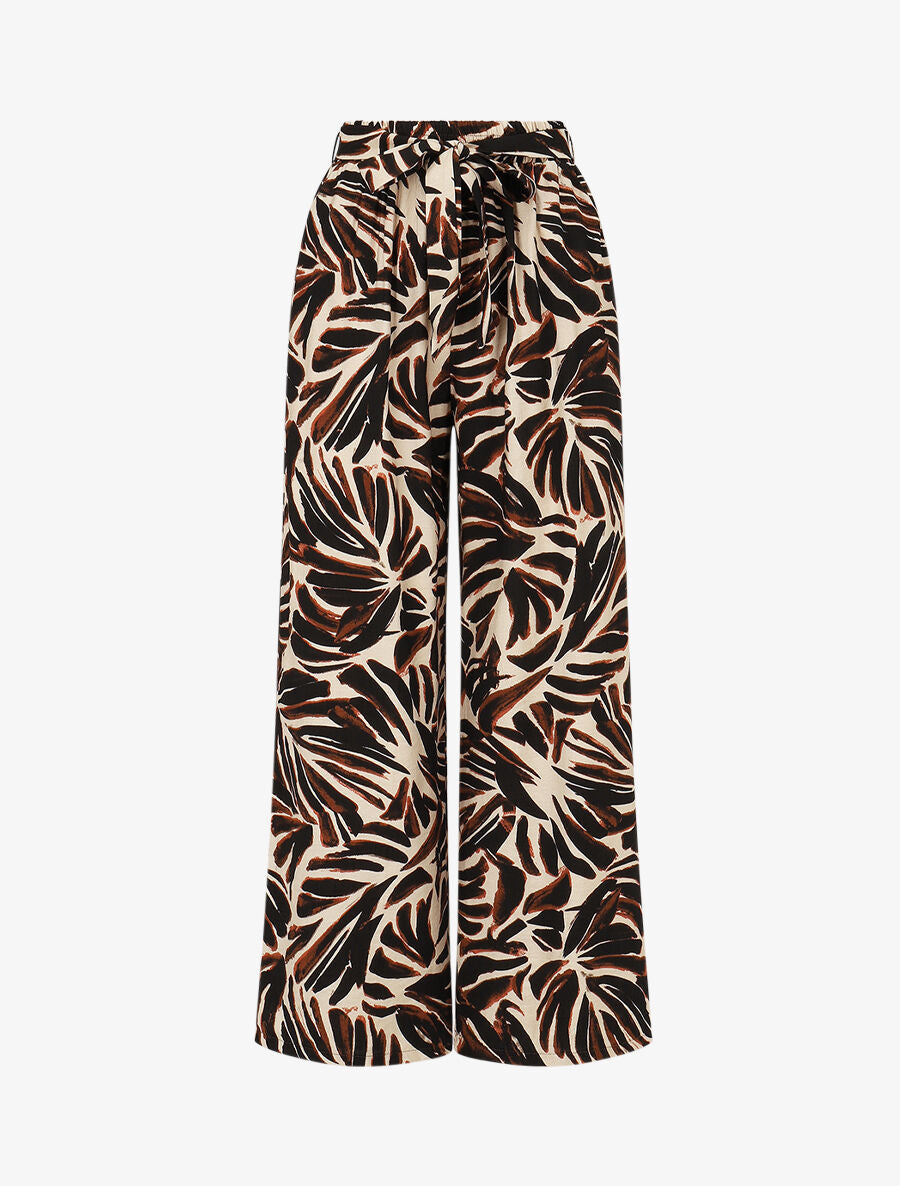 Pantalon imprimé abstrait à taille haute élastiquée - Marron - 1