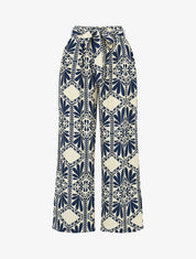 Pantalon imprimé ikat à taille haute élastiquée - Marine - 1