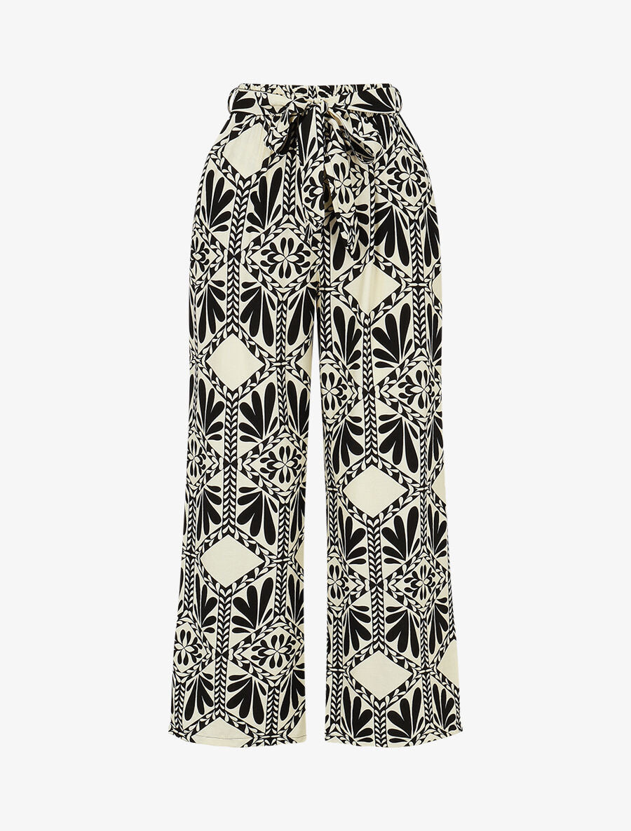 Pantalon imprimé ikat à taille haute élastiquée - Noir - 1