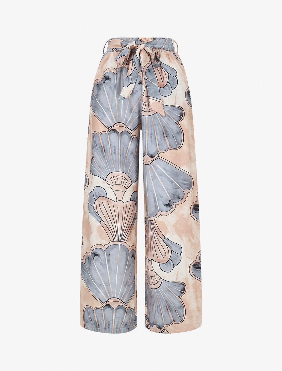 Pantalon imprimé éventails à taille haute élastiquée - Gris - 4