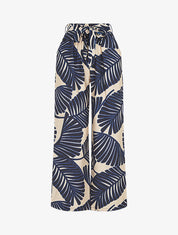 Pantalon imprimé feuillage à taille haute élastiquée - Marine - 1