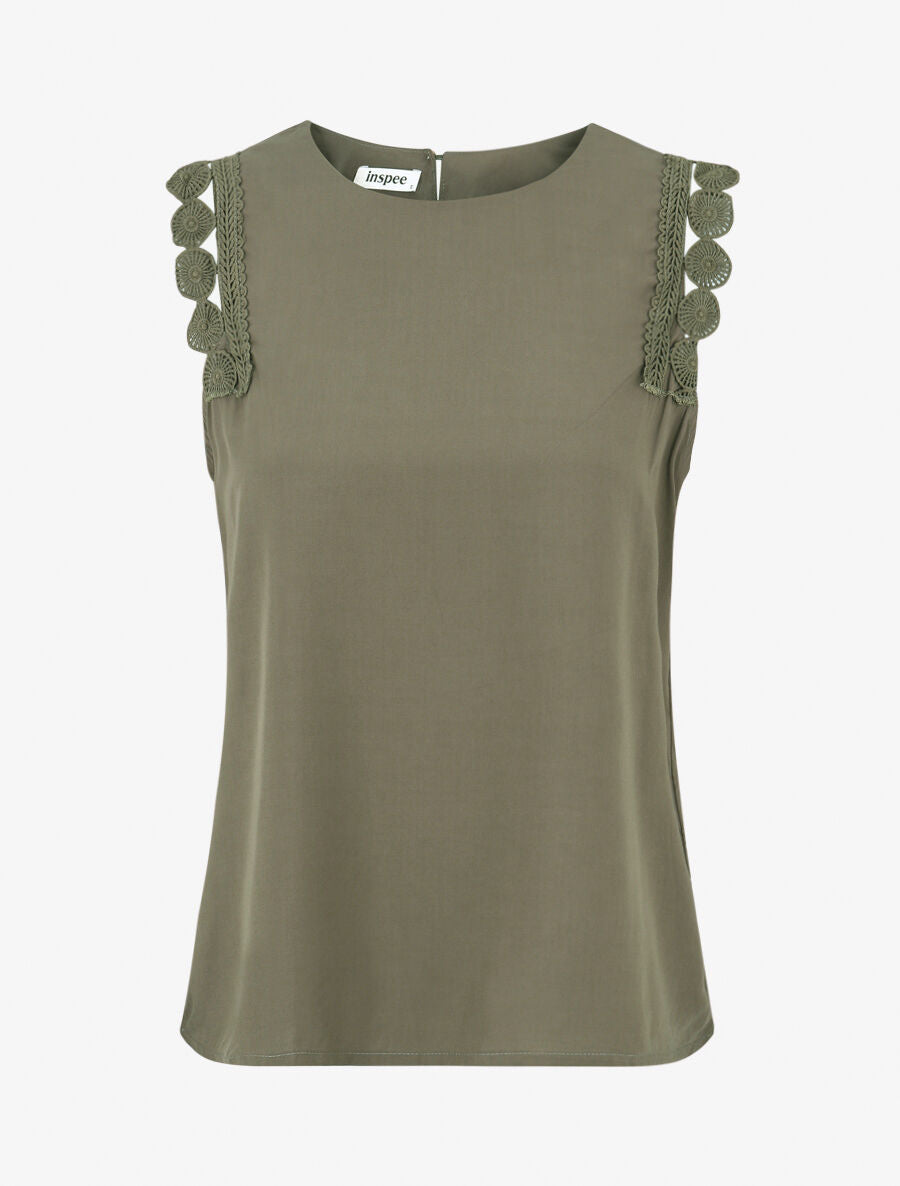 Top droit uni sans manches à dentelle - Kaki - 4