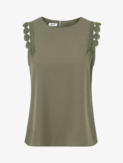 Top droit uni sans manches à dentelle - Kaki - 4