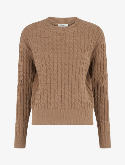 Pull droit à col rond en maille tressée - Taupe - 1