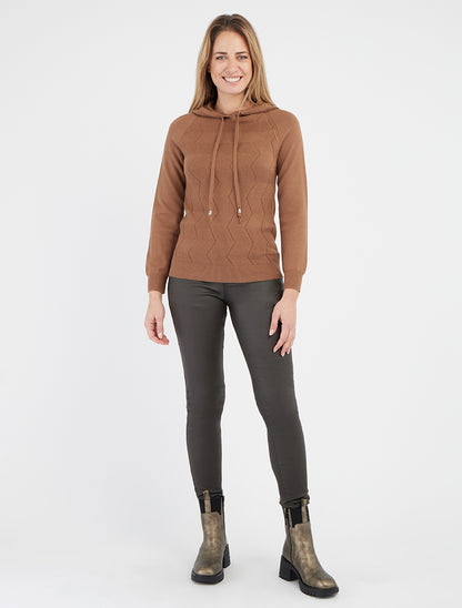 Zickzack-Strickkapuzenpullover - Kamel