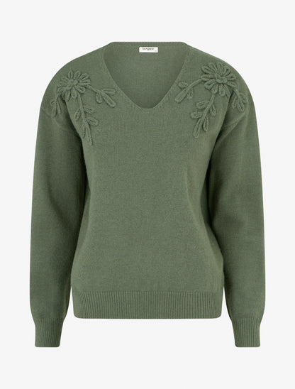 Pull droit à fleurs brodées - Kaki - 1