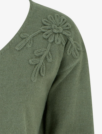Pull droit à fleurs brodées - Kaki - 3