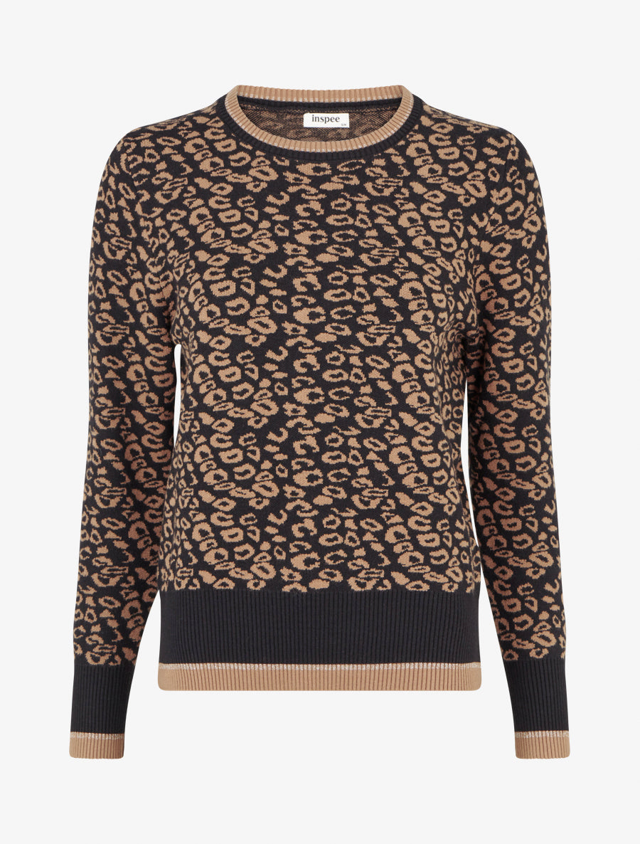 Pull imprimé léopard à col rond - Noir - 1