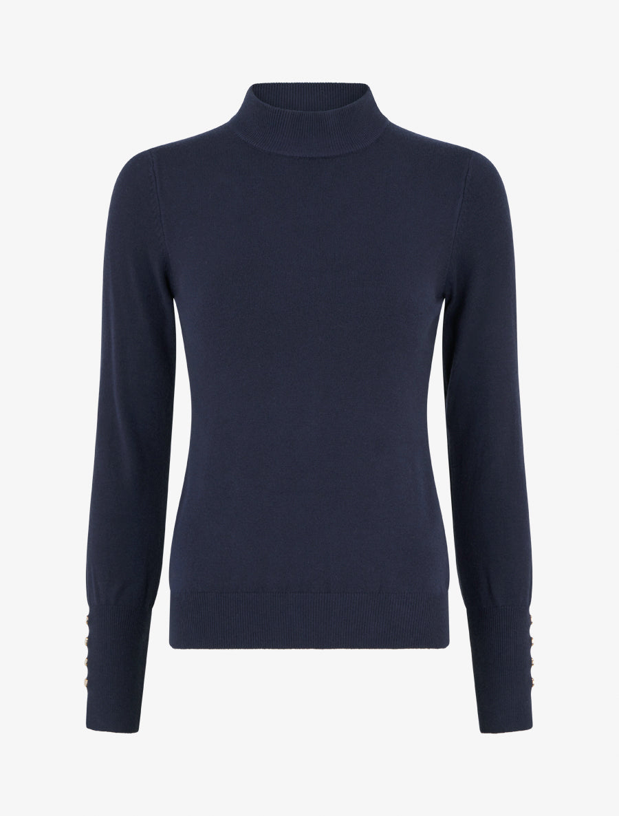 Pull fin uni à col montant - Marine - 1