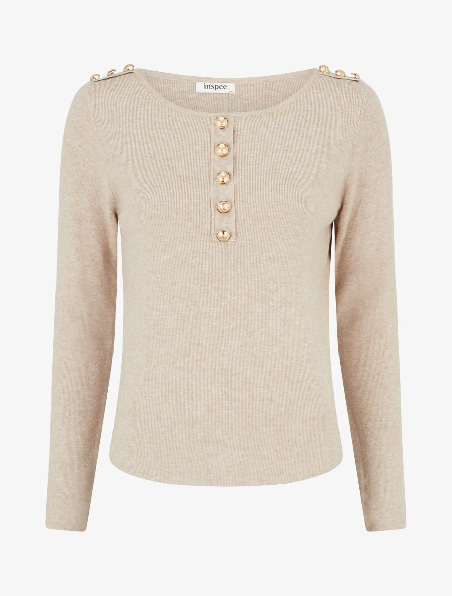 Pull fin à col rond et boutons décoratifs - Taupe - 1