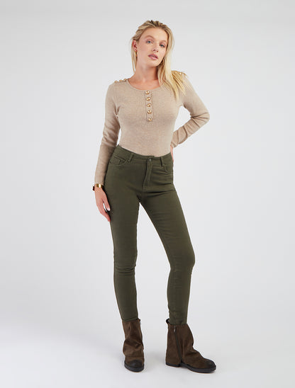 Pull fin à col rond et boutons décoratifs - Taupe - 8