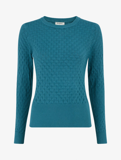 Pull ajusté en maille texturée à col rond - Bleu canard - 1