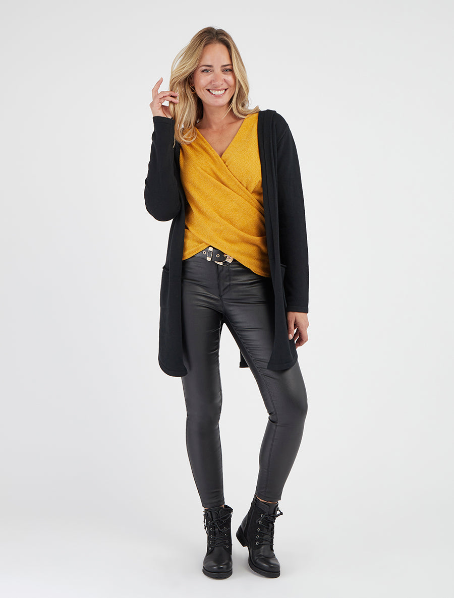 Langer einfarbiger Cardigan mit Kordelzug am Rücken - Schwarz