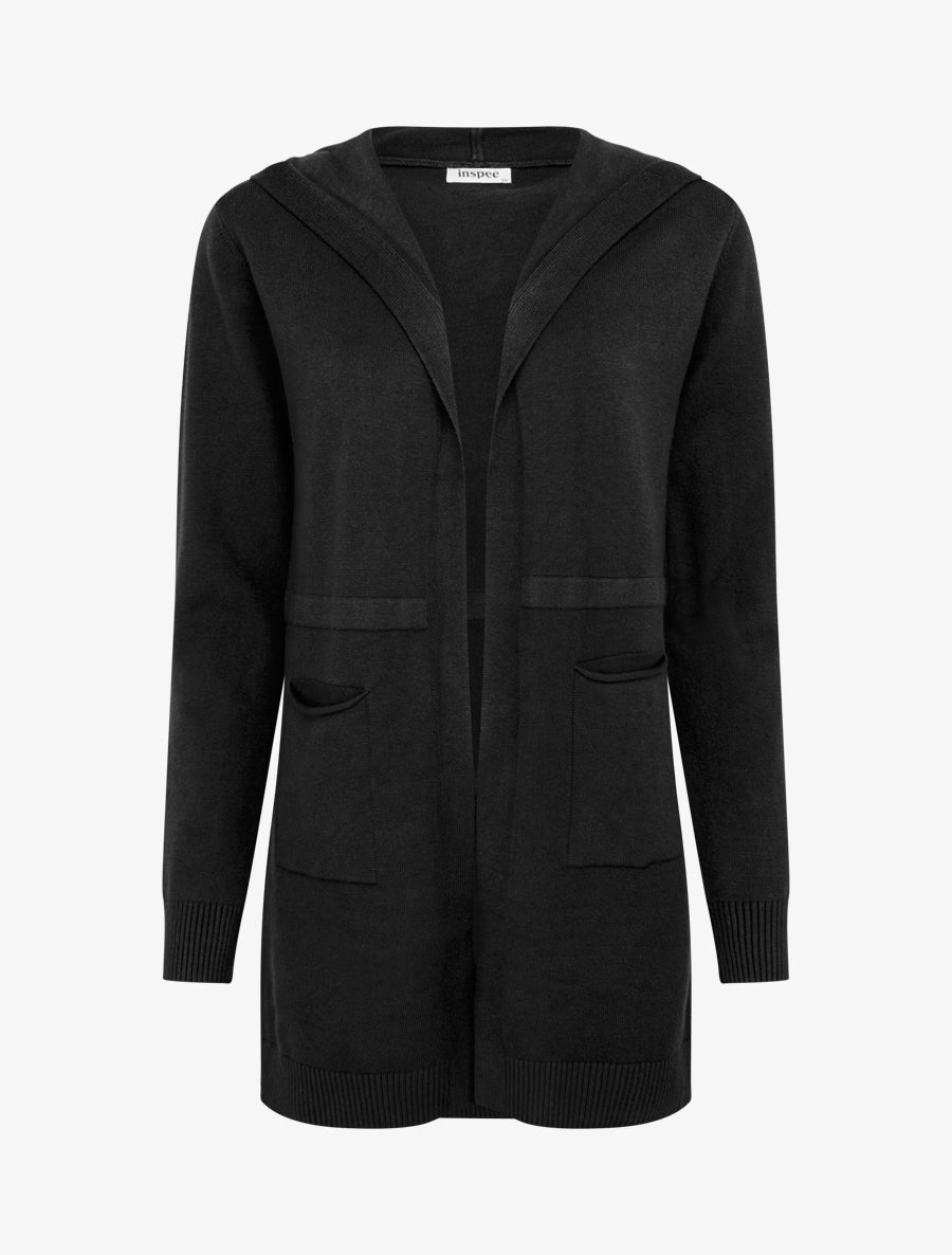 Gilet long uni à capuche - Noir - 1