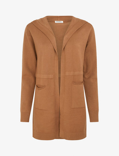 Gilet long uni à capuche - Camel - 1