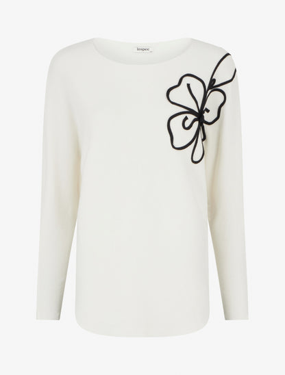 Pull uni à broderie fleur - Blanc - 1