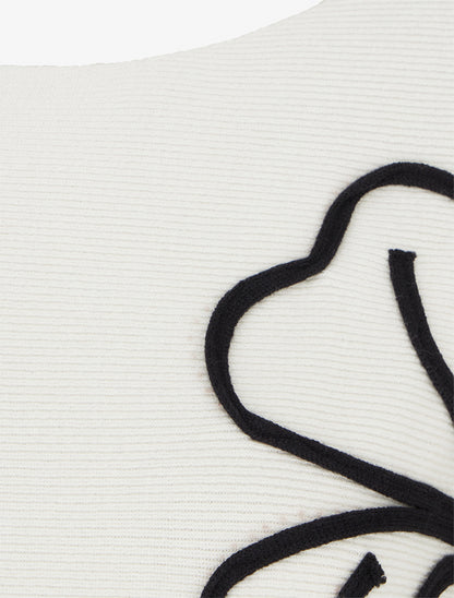 Pull uni à broderie fleur - Blanc - 3