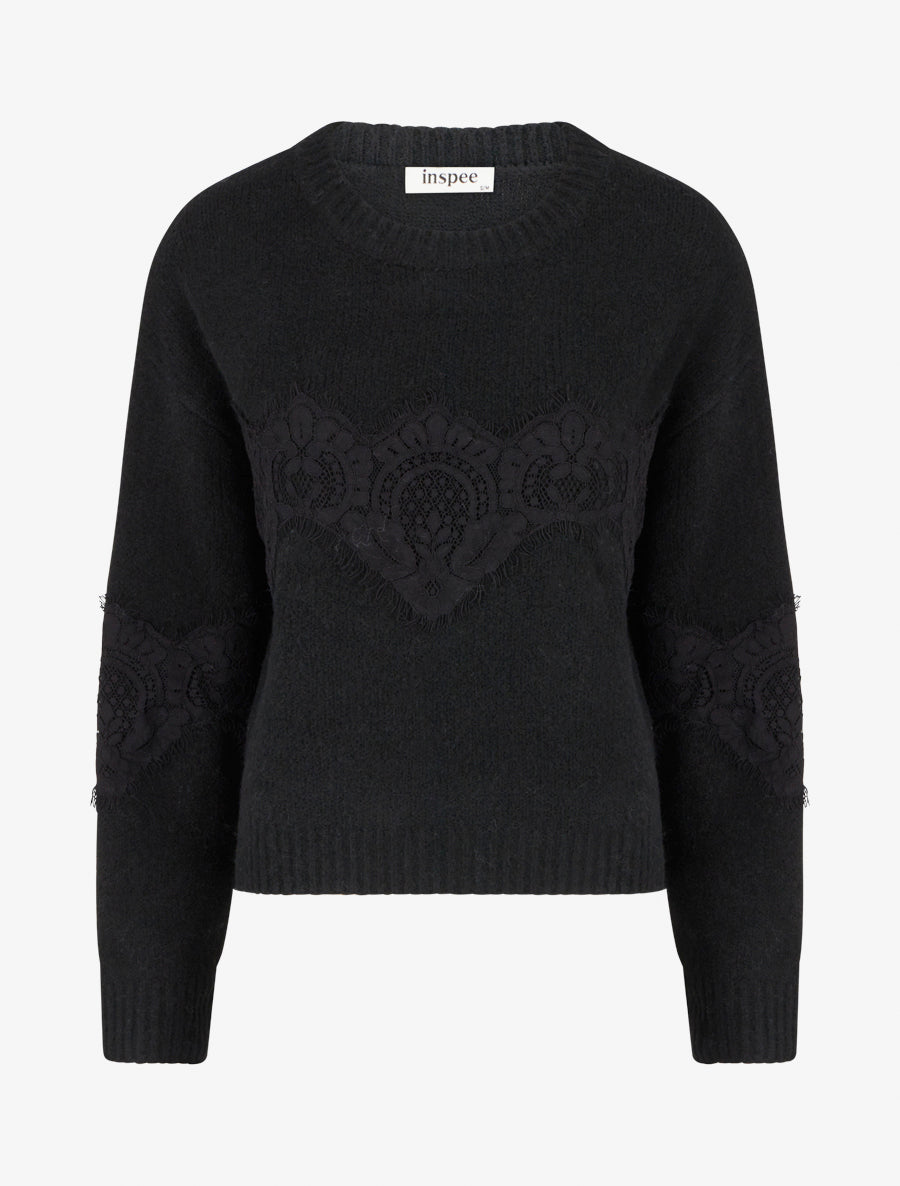 Pull droit à dentelle - Noir - 1