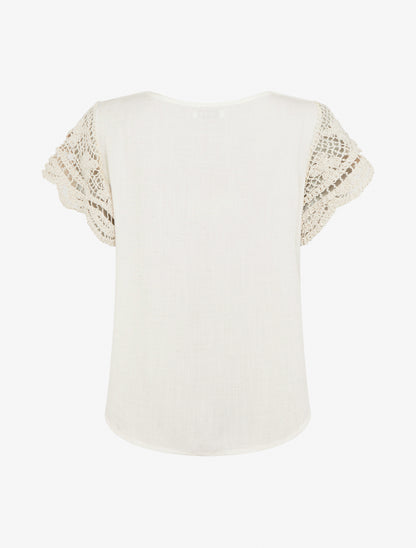 Top uni à manches courtes brodées - Crème - 2