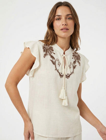 Besticktes Oberteil mit Rüschenärmeln - Creme