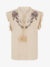 Top brodé à mancherons volantés - Beige - 1