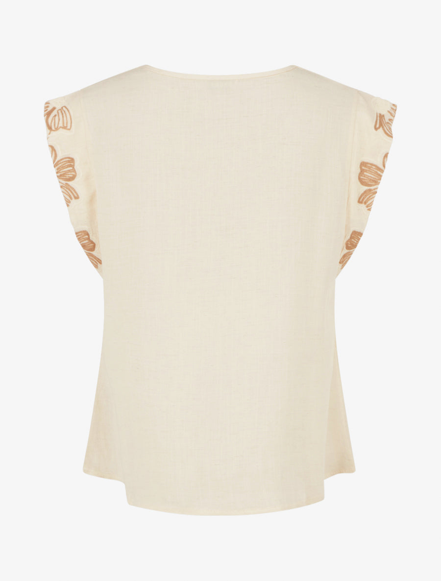 Top uni à mancherons brodés - Beige - 2