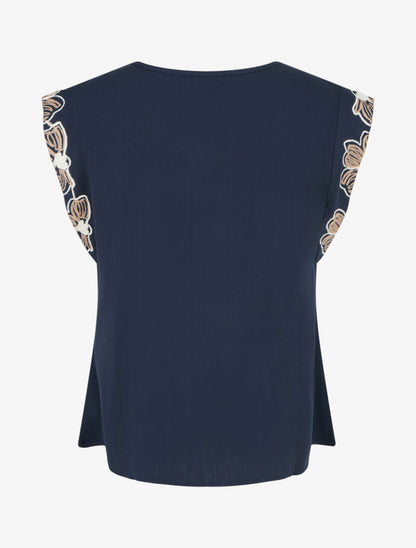 Top uni à mancherons brodés - Marine - 2
